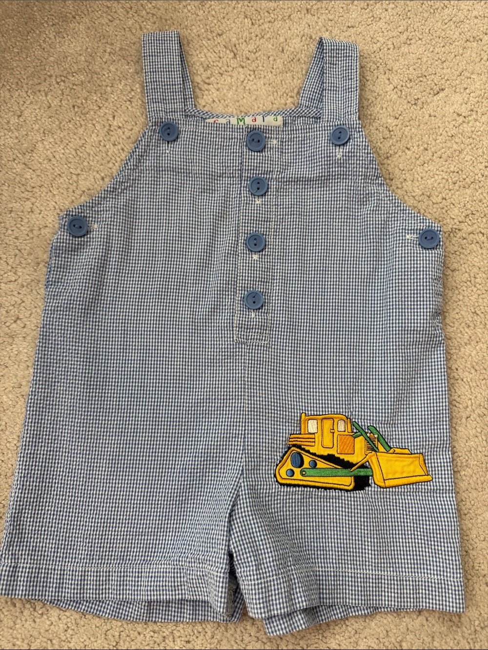Blue Check Toddler Shortall with Yellow Bulldozer Applique